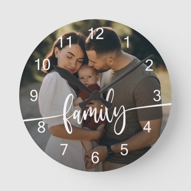 Family Photo Typography Round Clock (Front)