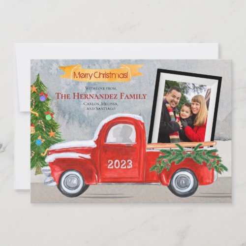 Family Photo Vintage Red Truck Winter Christmas Holiday Card