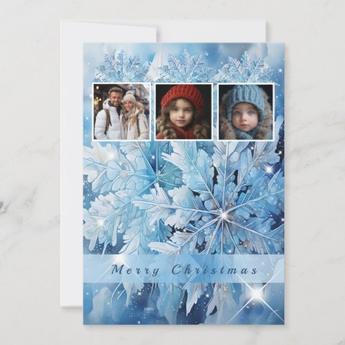 Family Photo Watercolor Snowflakes Sparkling Stars Holiday Card