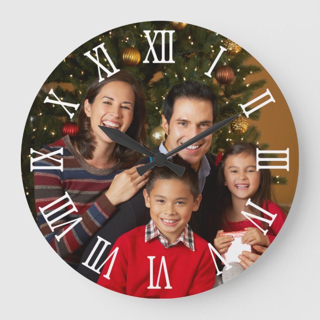 Family Photo White Bold Roman Numerals Large Clock (Front)