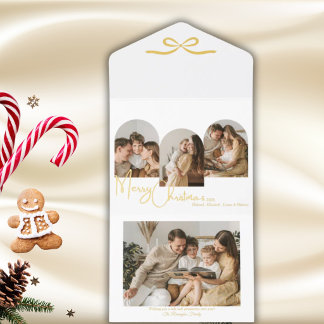 Family Photo White Gold Elegant Christmas Arch Bow All In One Invitation