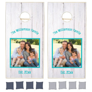 Family Photo White Wood Teal Year Established Cornhole Set
