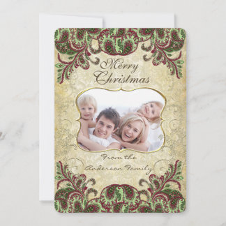 Family Photo Wine & Green Peacock Christmas Card