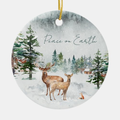 Family Photo Winter Forest Peace On Earth Ceramic Ornament