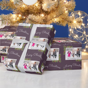 Family Photo Winter Greenery Dark Purple Christmas Wrapping Paper