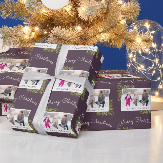 Family Photo Winter Greenery Dark Purple Christmas Wrapping Paper (Holidays)