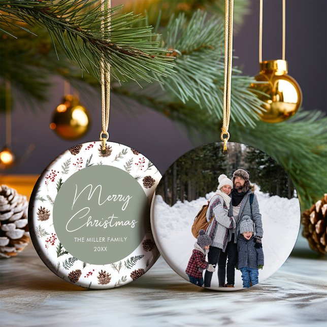 Family Photo Winter Pine Christmas Ceramic Ornament (Creator Uploaded)