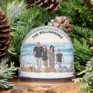 FAMILY PHOTO WINTER SCENE BORDER LIGHTS SNOW GLOBE
