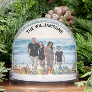 FAMILY PHOTO WINTER SCENE BORDER LIGHTS SNOW GLOBE