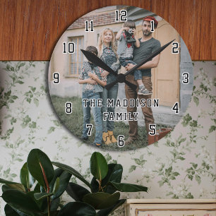Family Photo with Modern Bold Typography Round Clock