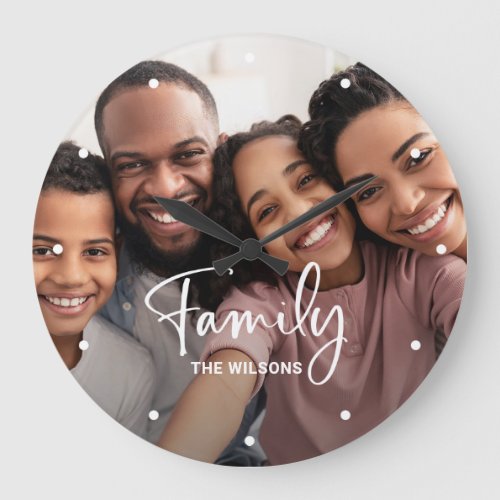 Family Photo with Modern Script Large Clock