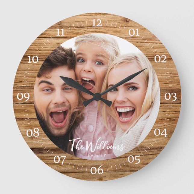 Family Photo with Modern Script Large Clock (Front)