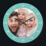 Family Photo with Modern Script Large Clock<br><div class="desc">Create a special one of a kind round or square wall clock. The personalized clock design features simple modern fonts overlaid onto your full bleed family photo. A custom clock is a unique Christmas gift idea for grandparents, new parents or a fun housewarming gift for newlyweds decorating their first home...</div>