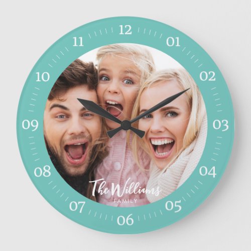 Family Photo with Modern Script Large Clock