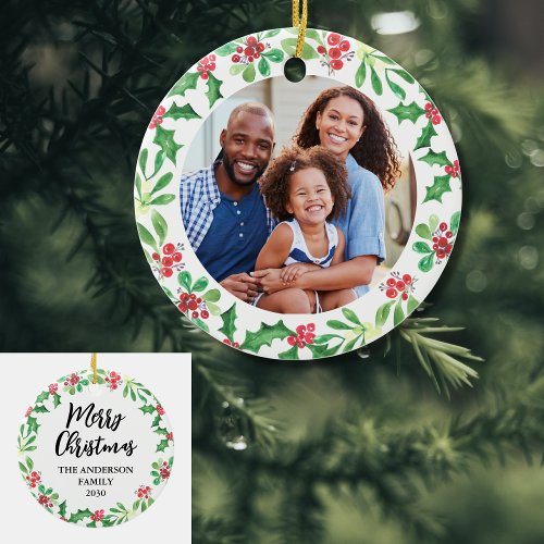 Family Photo Wreath Holiday Christmas  Ceramic Ornament