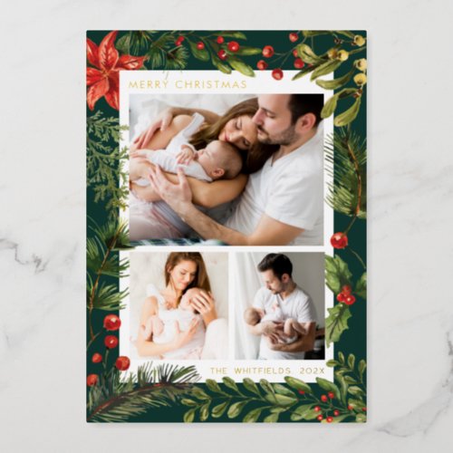 Family Photos Christmas Holidays Botanical Gold Foil Holiday Card