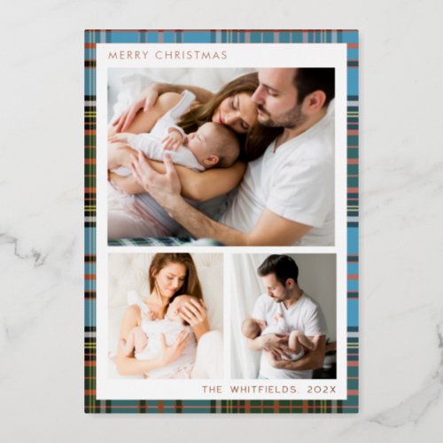 Family Photos Christmas Holidays Tartan Rose Gold Foil Holiday Card