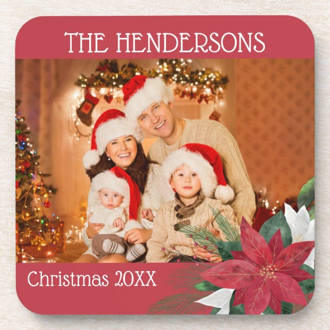 Family Photos Christmas Poinsettia Beverage Coaster (Front)