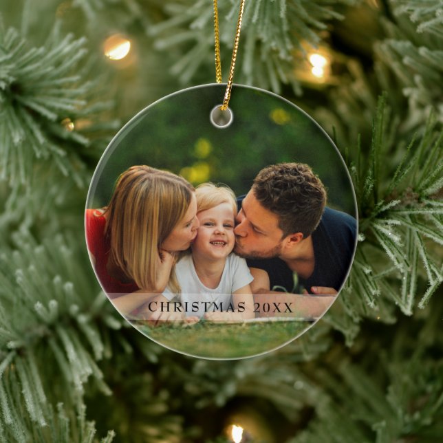 Family Photos Christmas Script Ceramic Ornament (Tree)