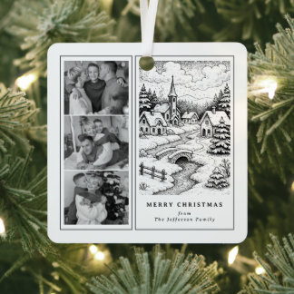 Family Photos Christmas Village in Winter Metal Ornament