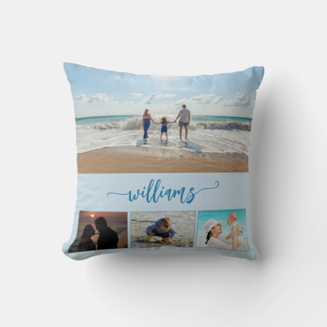 Family Photos Collage Blue Throw Pillow (Front)
