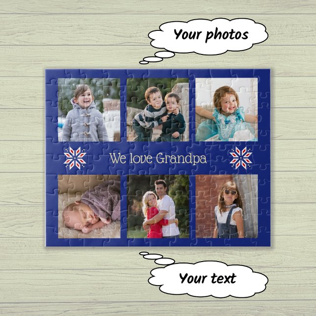 Family photos custom text navy frame christmas jigsaw puzzle (Personalize with photos and text)