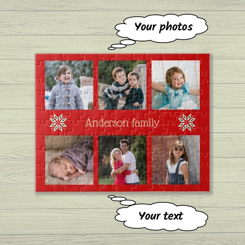 Family photos custom text red frame christmas jigsaw puzzle