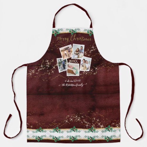 Family Photos Merry Christmas Gold Stars Red Holly Apron