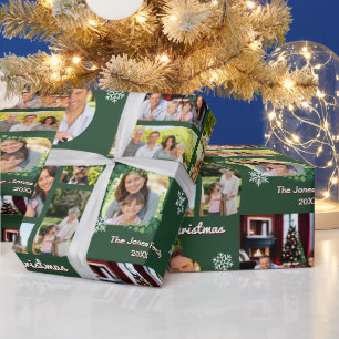Family Photos Merry Christmas Green Personalized Wrapping Paper