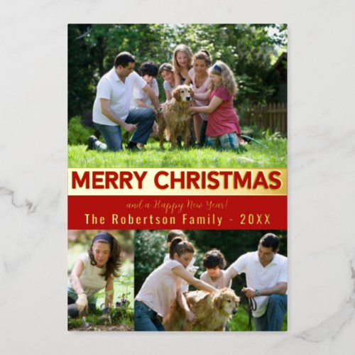 Family Photos Merry Christmas Happy New Year Gold  Foil Holiday Card