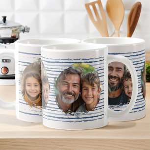 Family Photos on Neutral Blue Sketch Striped Mug