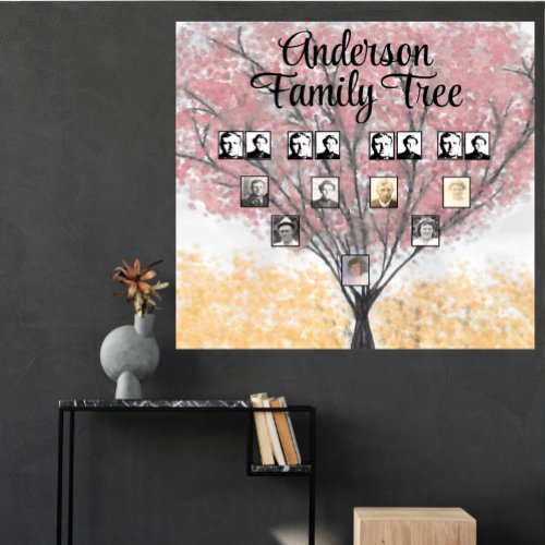Family Photos on Watercolor Red Leaf Family Tree   Poster