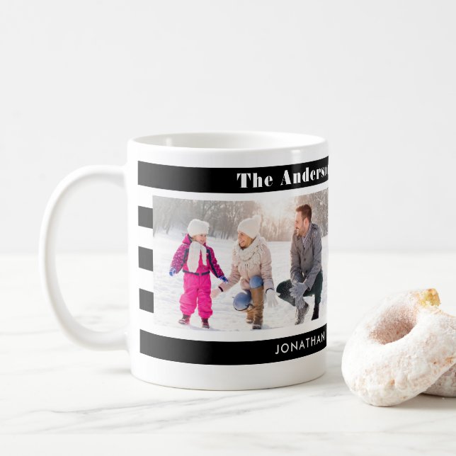 Family Photos Personalized I Trendy Black Stripes Coffee Mug (With Donut)
