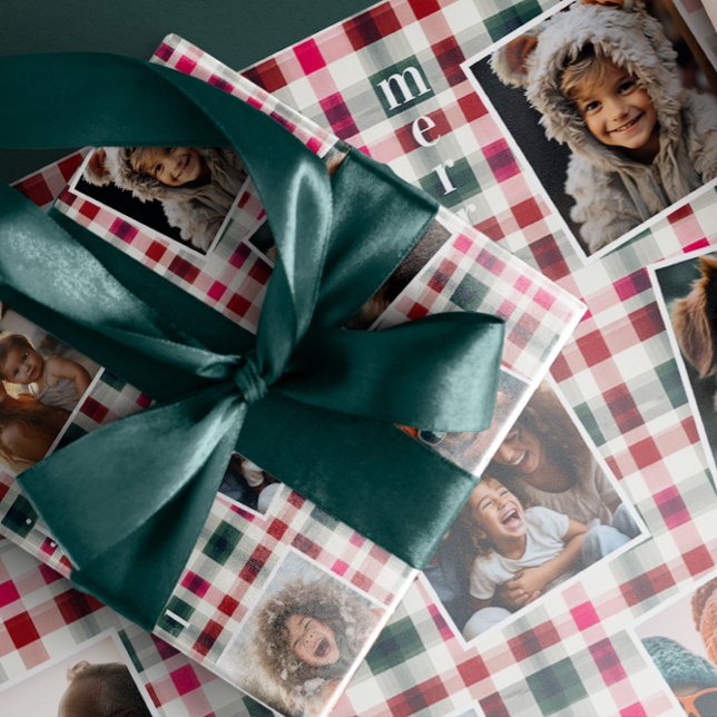 Family Photos Plaid Christmas | Happy Merry Joyful Wrapping Paper (Creator Uploaded)