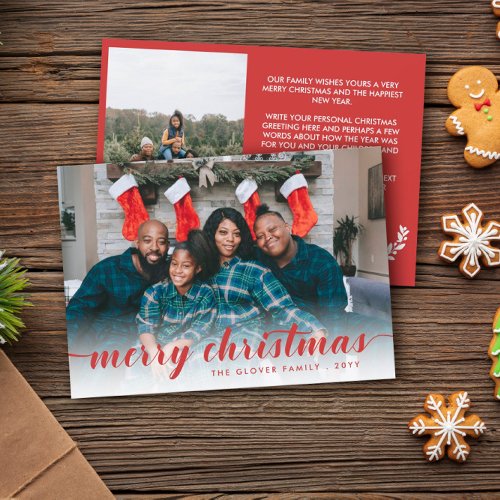 Family PhotoS Red Calligraphy Merry Christmas Holiday Card