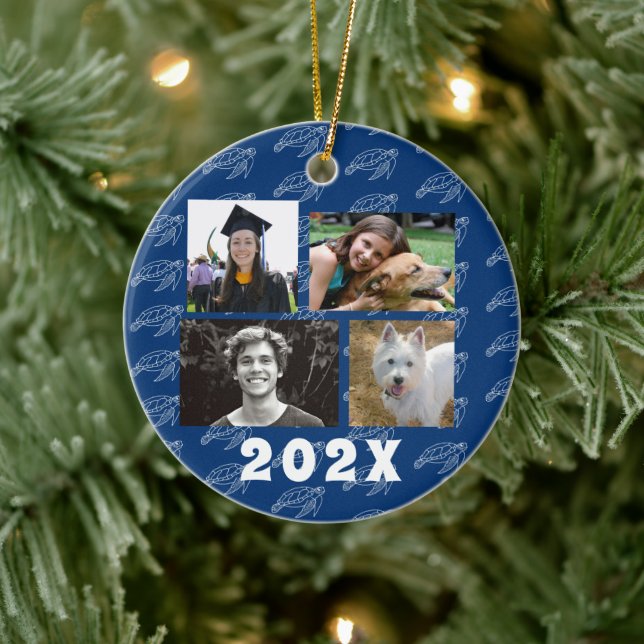 Family Photos Sea Turtle Navy Blue Ceramic Ornament (Tree)