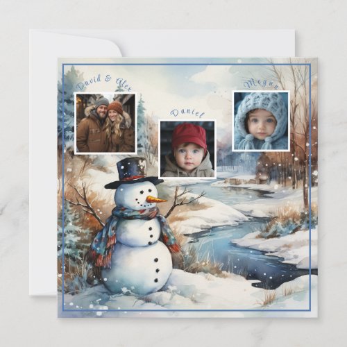 Family Photos Snowman Winter River Christmas Holiday Card