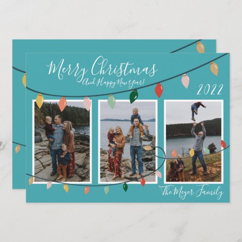 Family Photos Turquoise Merry Christmas Lights Holiday Card