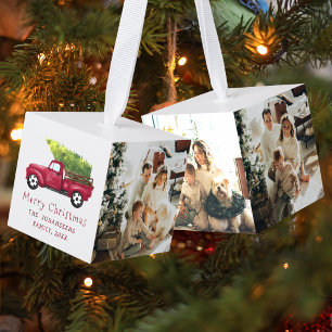 Family Photos Watercolor Red Christmas Truck Cube Ornament