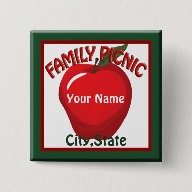 Family Picnic Apple Name Tag Button (Front)