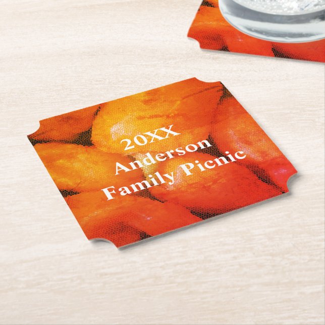Family Picnic Orange Mosaic Chili Peppers Reunion Paper Coaster (Angled)