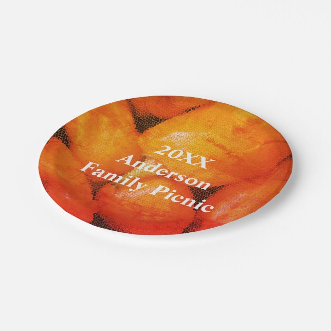 Family Picnic Orange Mosaic Chili Peppers Reunion Paper Plates (Angled)