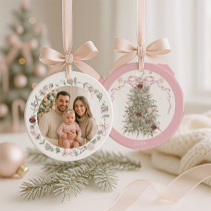 Family Pink Christmas Photo Ceramic Ornament