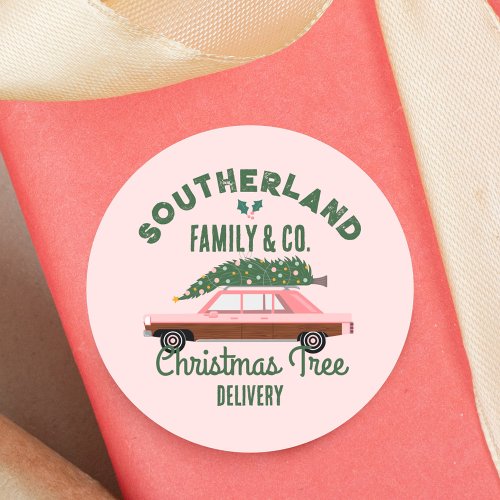 Family Pink Vintage Car Christmas Tree Delivery Classic Round Sticker