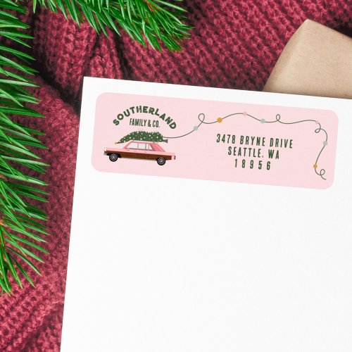 Family Pink Vintage Car Christmas Tree Delivery Label