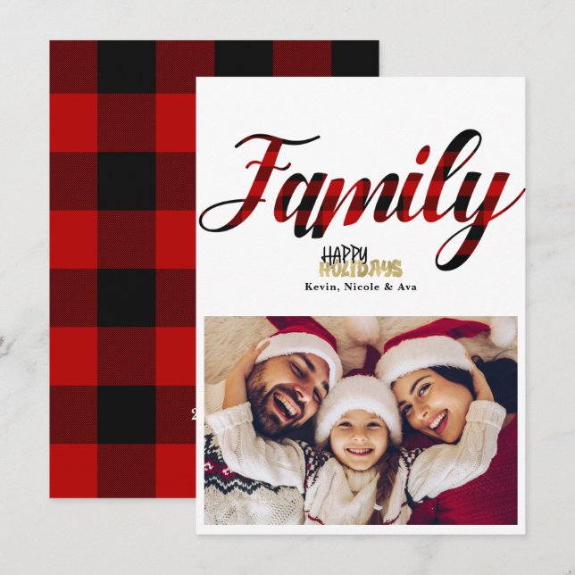 FAMILY Plaid Gold Christmas Holiday Photo Card (Front/Back)