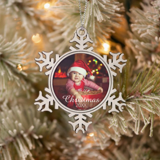 Family Portrait Custom Photo Print Snowflake Pewter Christmas Ornament (Tree)