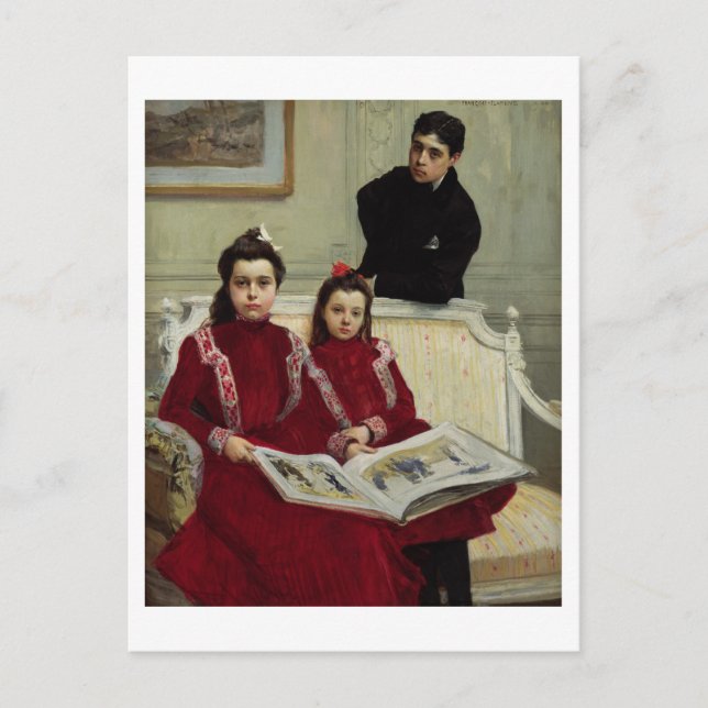 Family Portrait of a Boy and his Two Sisters, 1900 Postcard (Front)