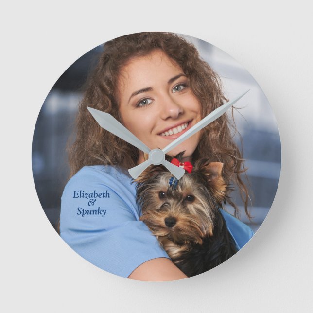 Family Puppy Dog Mom Pets Photo Personalize  Round Clock (Front)