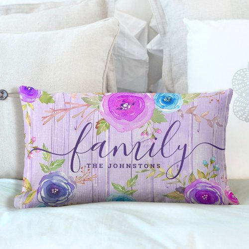 Family purple rustic wood watercolor floral script lumbar pillow